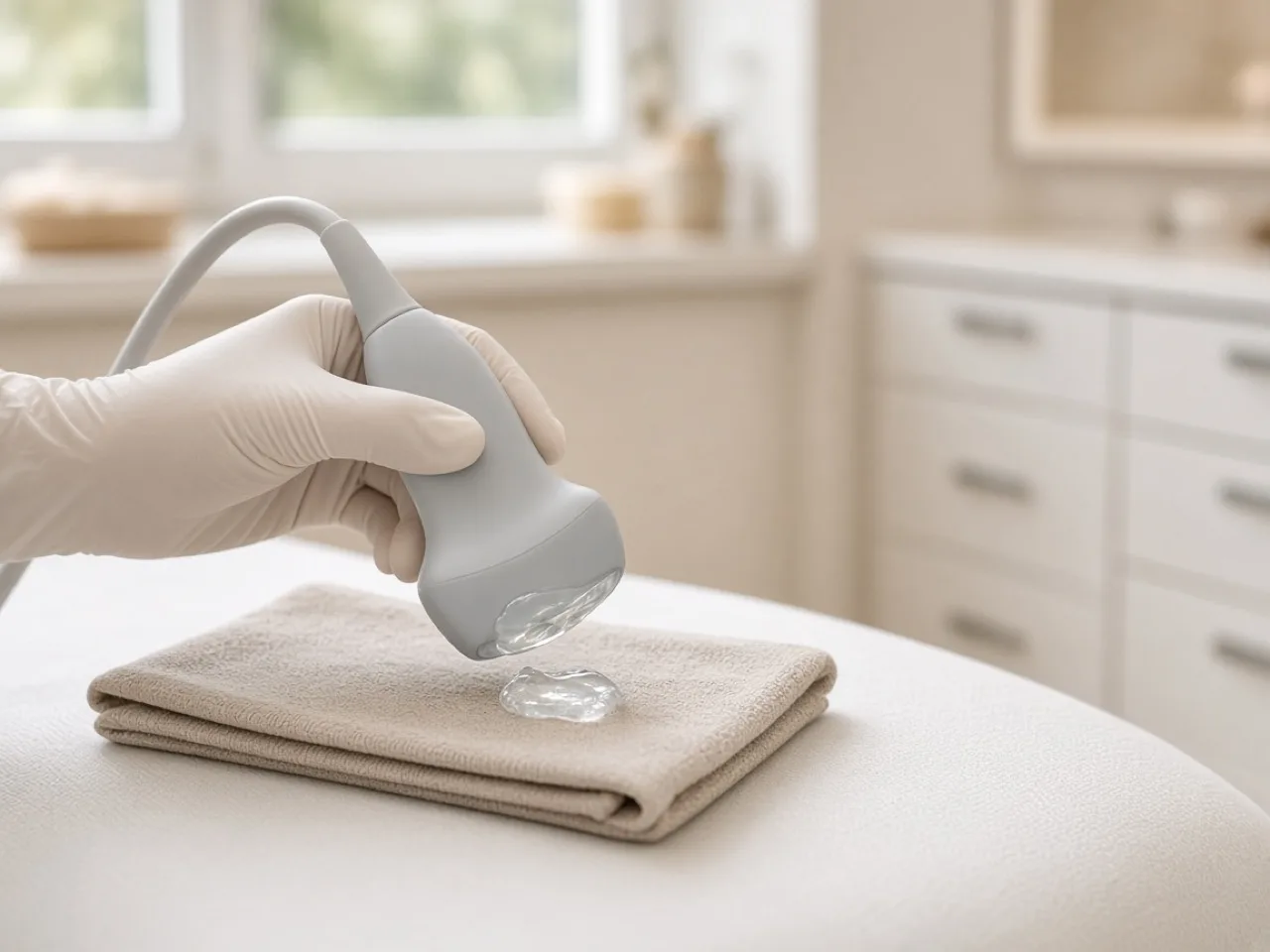 Detalj ultrazvučne sonde i gela u svijetloj ordinaciji, bez prikaza lica