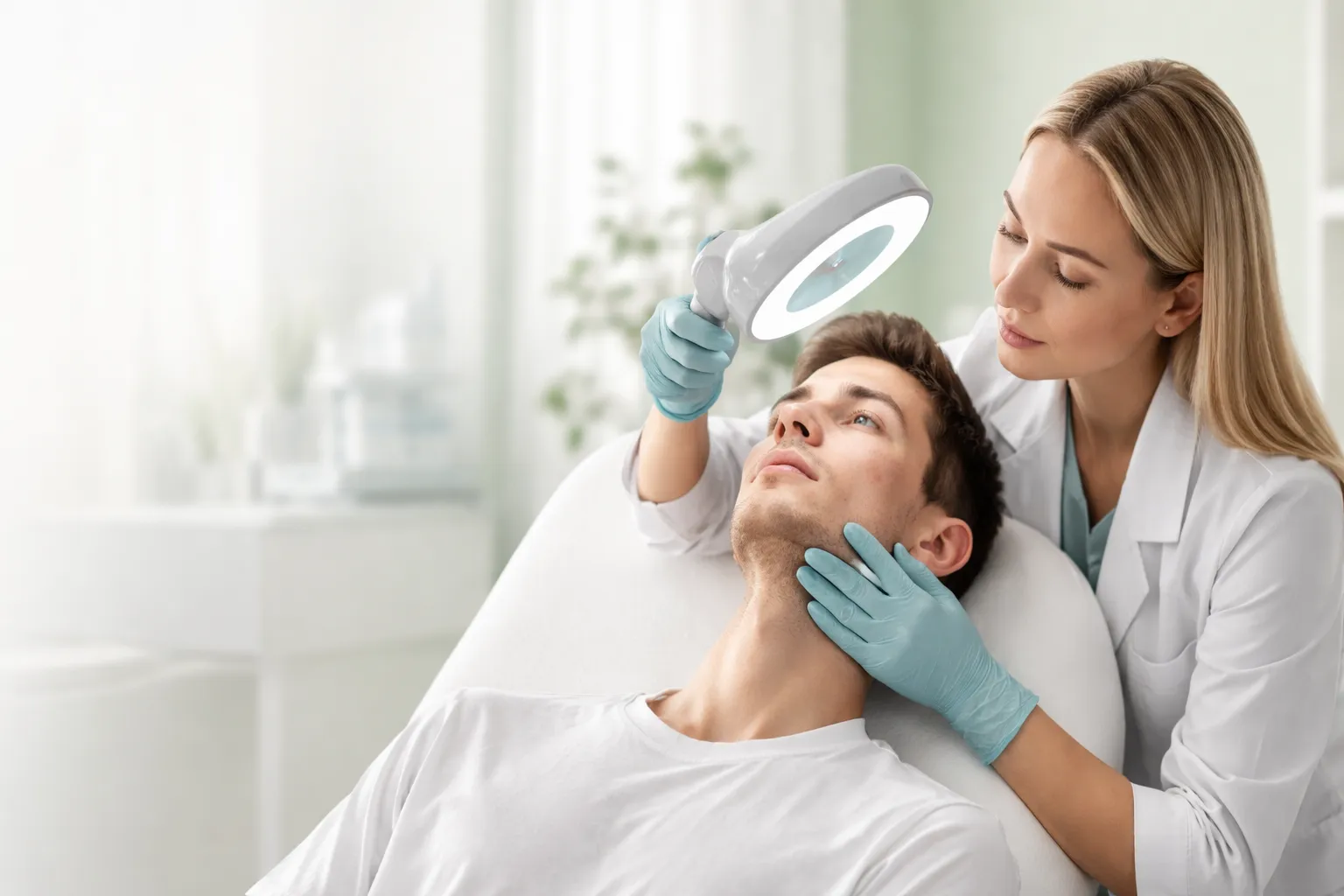 Dermatolog pregledava akne na licu pacijenta – liječenje akni u Zagrebu u Poliklinici SIAI